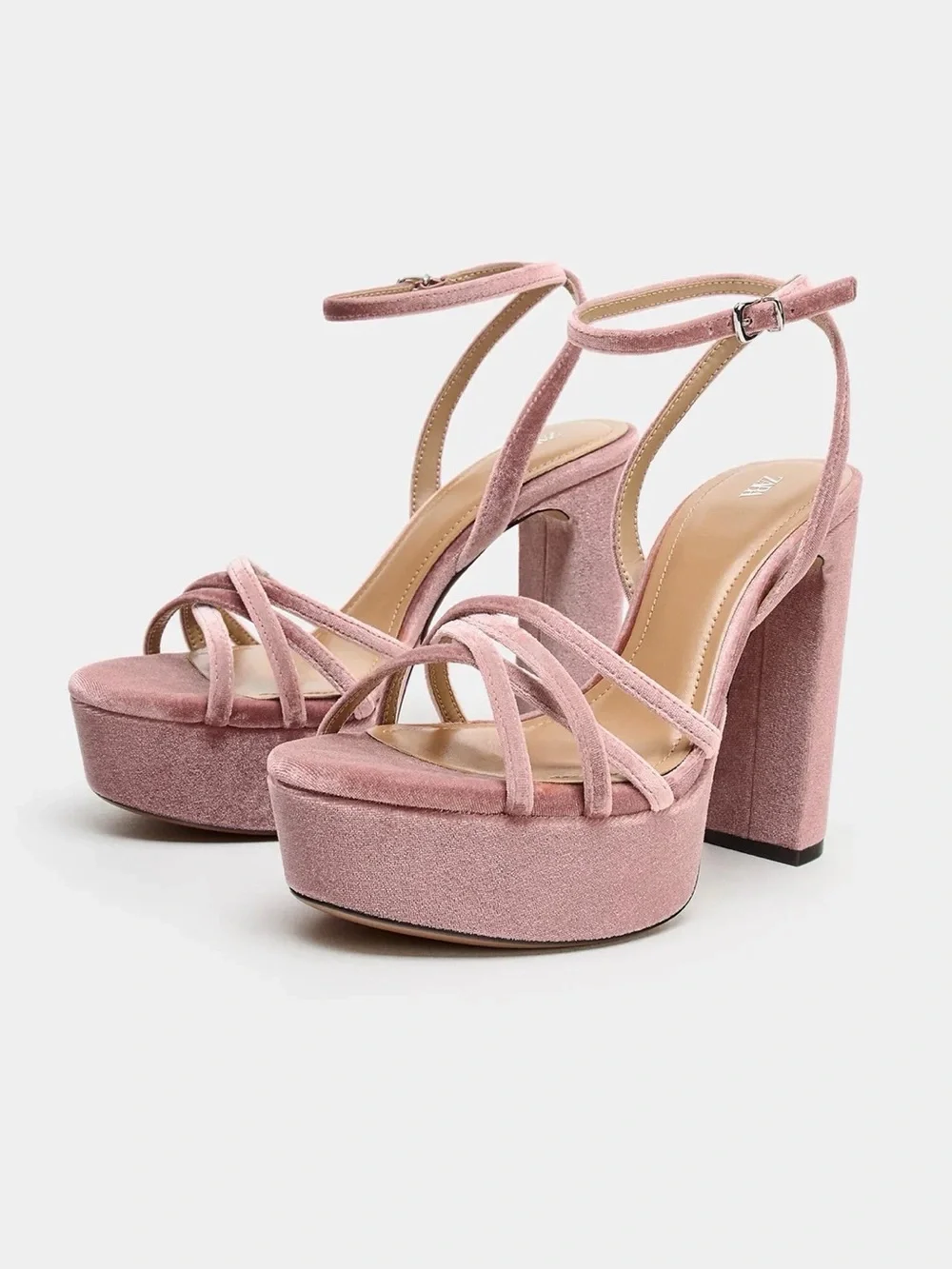 Zara Pink Velvet Platform Block Heel Sandals